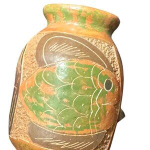 Folk Art Pottery Handcrafted Vintage Terracotta Vase Etched Colorful Fish 3.5"